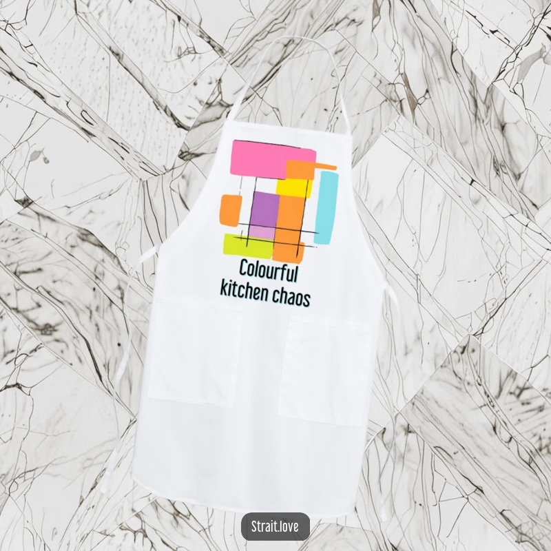 Funny abstract graphic featuring bold, contrasting colour blocks creating a striking design, featured on a practical kitchen apron.