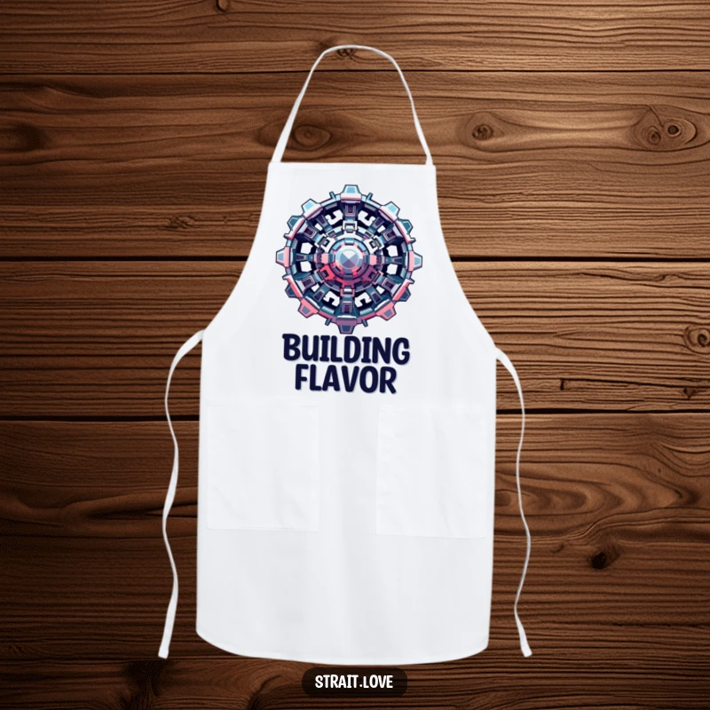 Funny Metallic Structure Apron showcasing interlocking metallic shapes, a complex and futuristic design for stylish chefs.