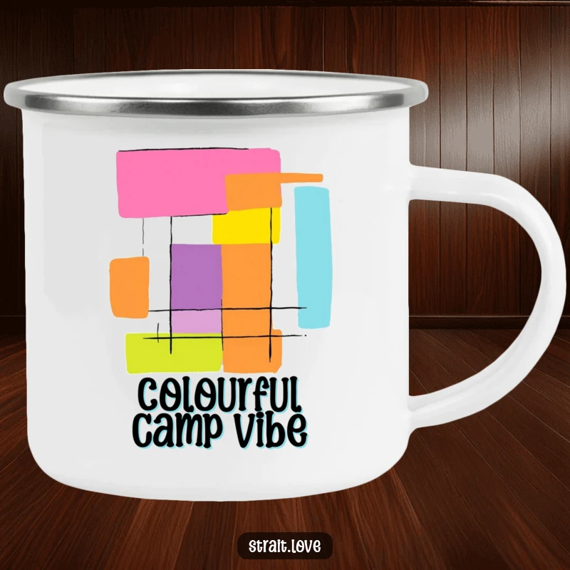 Funny abstract graphic featuring bold, contrasting colour blocks creating a striking design, depicted on a durable camping mug.