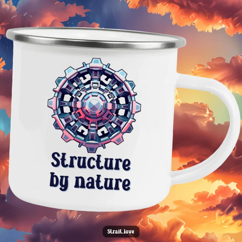 Funny Metallic Structure Camping Mug with interlocking metallic shapes, a complex and futuristic design for outdoor enthusiasts.