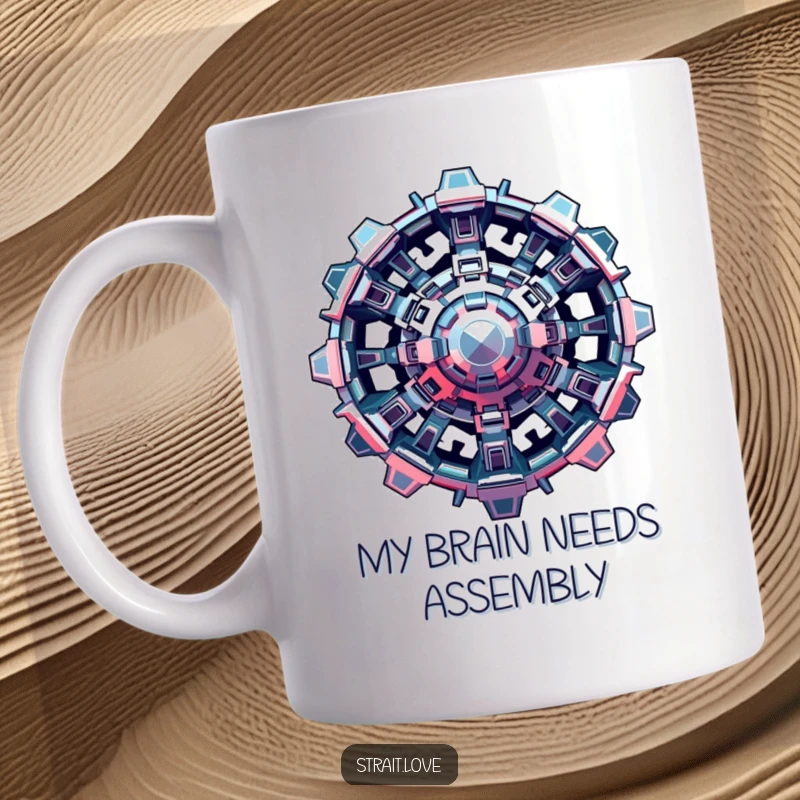 Funny Metallic Structure Mug showcasing interlocking geometric shapes in a complex, futuristic design, ideal for art enthusiasts.