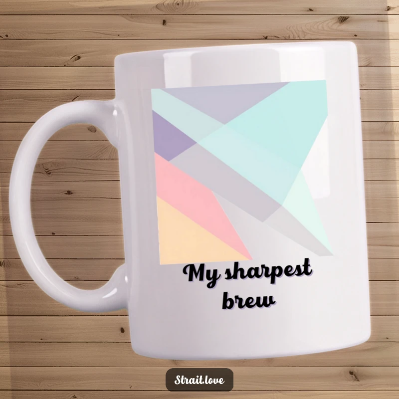 Funny abstract composition featuring sharp, angular geometric planes intersecting dynamically in a minimalist design on a coffee mug.