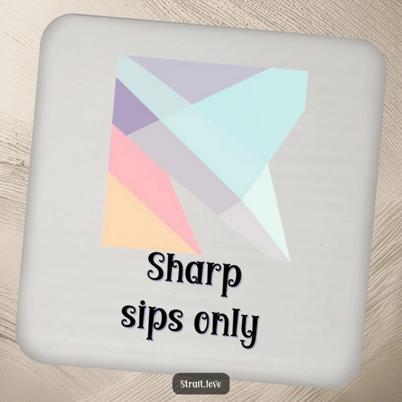 Funny abstract design with sharp, angular geometric planes intersecting dynamically in a minimalist composition, featured on a set of drink coasters.