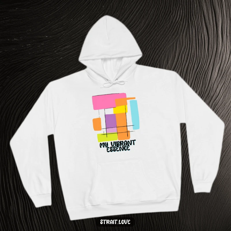 Funny abstract graphic featuring bold, contrasting colour blocks creating a striking design, featured on a warm hoodie.