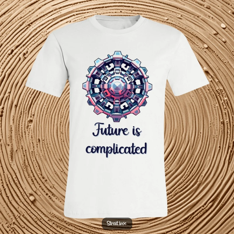 Funny Metallic Structure T-Shirt displaying interlocking geometric shapes forming a mind-bending futuristic art piece, very cool.
