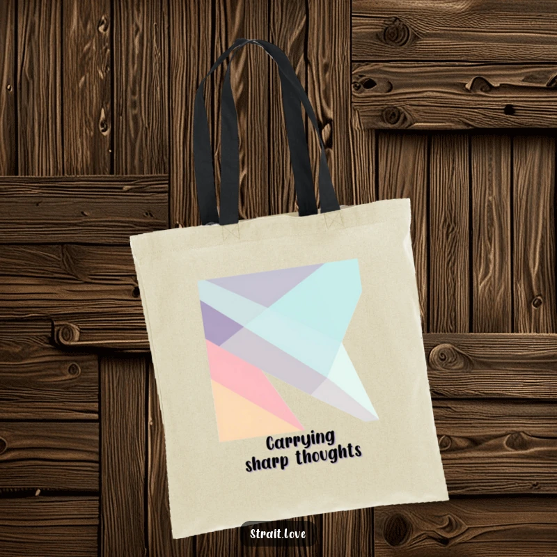 Funny abstract design with sharp, angular geometric planes intersecting dynamically in a minimalist composition, printed on a stylish tote bag.